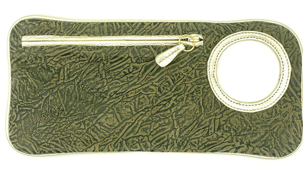 Hands Free Bracelet Clutch - Medium - Embossed Olive with Pearl ring