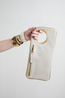 Hands - Free Bracelet Clutch - Medium - Olive embossed  Suede skin with cream  trim