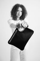 Hands-Free Bracelet Bag - Large Clutch in Black with Pearl Ring