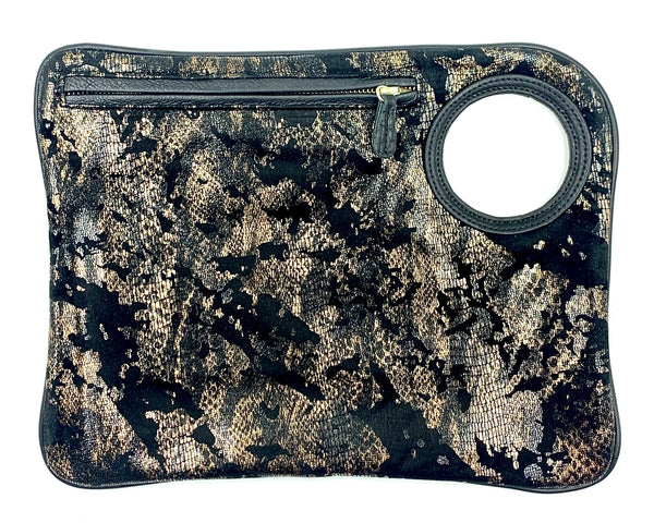 Hands-Free Bracelet Bag - Large Clutch in Distressed Gold Black Print