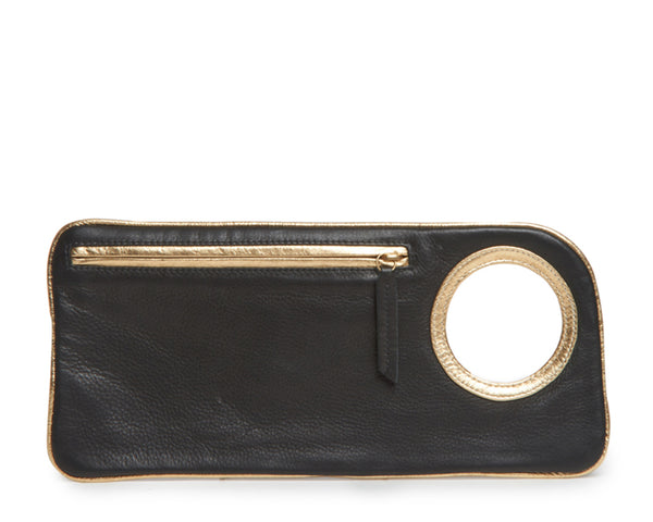Hands-Free Bracelet Clutch - Medium -  Black Matte soft leather with  Gold Ring