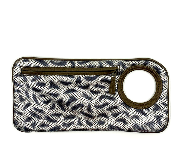 Hands-Free Bracelet Clutch - Medium - Leopard Print Embossed with Olive Ring